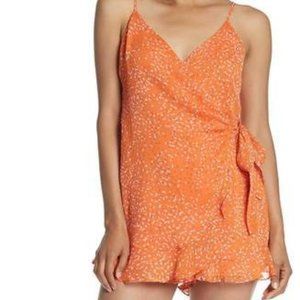 Lush Orange Chiffon Ruffle Floral Print Side Tie Romper - Size S